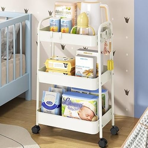 TOOLF Carrito utilitario de metal, carrito rodante de 3 niveles con 4 ganchos, carrito de almacenamiento sobre ruedas, organizador de manualidades con asa para organizador de almacenamiento para aula