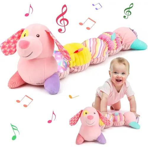 Baby Sensory Toys 0-6 Months Music Stuffed Animal Plush Dog Toy for Infant 0-3-6 Month Tummy Time Texture Soft Toys with Crinkle Rattle for 6-12 Month Newborn Birthday Gift for 2 3 4 5 Month Old Girls