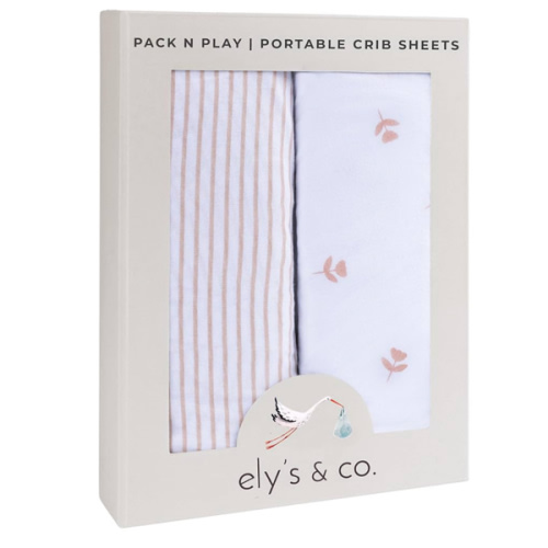Ely’s & Co. Pack and Play Sheets, for Mini/Portable Crib, 2 Pack Fitted Playpen Play Yard Sheet Set Compatible with Graco Pack n Play, for Baby Girls, 100% Cotton, Pink Tulips and Stripes, 38”x24”x5”