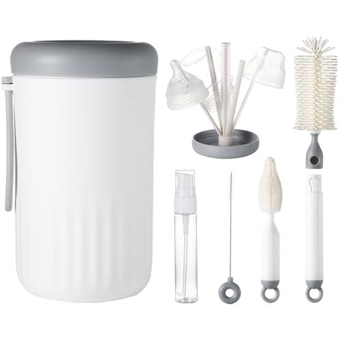 Ariseno Travel Bottle Cleaner Kit, 6-in-1 Baby Bottle Brush with Silicone Bottle Brush, Nipple Brush, Straw Brush, Drying Rack, Dispenser, Organizer, Baby Travel Essential, Gifts for New Mom - Grey