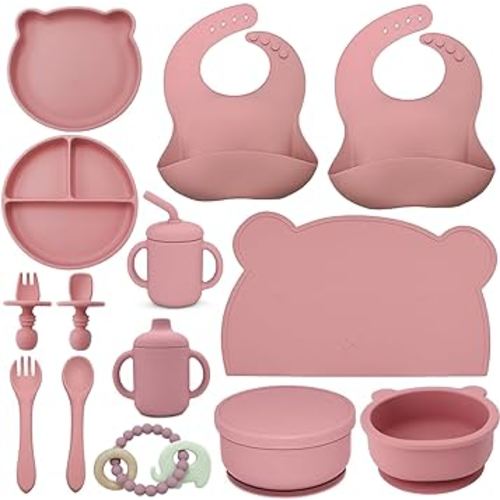 Benoxine Silicone Baby Feeding Set, Baby Led Weaning Supplies Include Suction Plate Bowl,Baby Spoon Fork Bibs,Sippy Cup Baby Teether,Comfy and Safe Baby Essentials 14 Pack,for 6M+