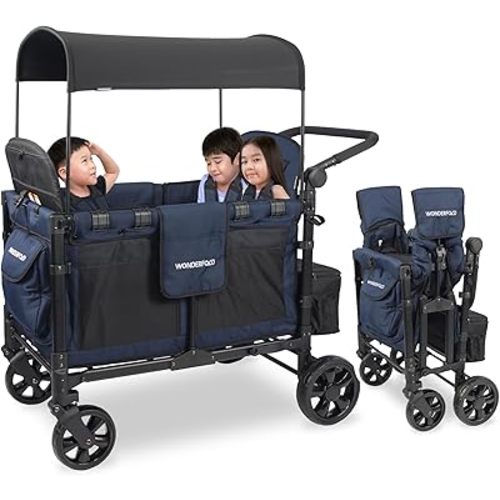 WONDERFOLD W4 Elite Stroller Wagon (4 Seater) - Collapsible Wagon Stroller with Seats with 5-Point Harnesses, Adjustable Push Handle, and Removable UV Sun Canopy, Noble Navy