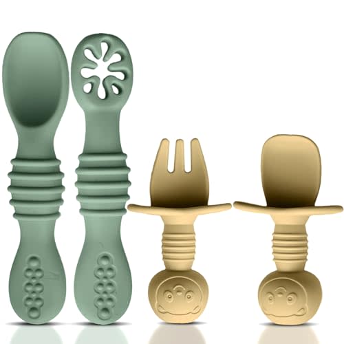 HippoBaby 4pc Silicone Self feeding baby utensils 6-12 months Baby Led Weaning, 3 baby spoon, 1 baby fork, Toddler Cutlery Set, BPA Free, Dishwasher Safe, Baby eating essentials (Green/Yellow), Small