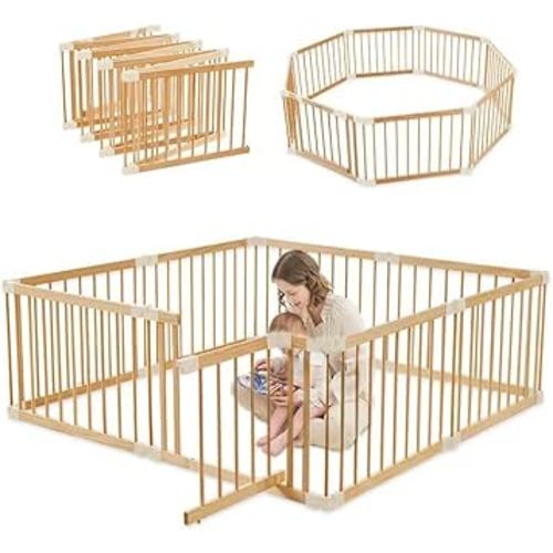 Baby Playpen Door Wooden Fence Large with Door Gate,Wooden Playpen for Babies and Toddlers,Wooden Baby playpen with Door, Changeable & Expandable