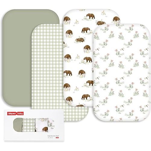 Gllquen Baby Bedside Sleeper Sheets 33x20 Inch 4 Pack - Fitted Crib Mattress Covers, Ultra Soft Oeko-TEX Certified Bassinet Sheets for Girls Boys, Gift Ready Box for Baby Shower (Forest Tale)