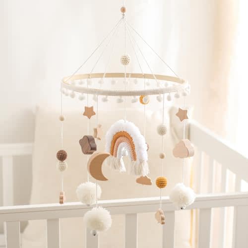 Baby Crib Mobile for Boys Girls Rainbow Nursery Mobile Gender Neutral Hand-Crocheted Mobile Ceiling Mobile - Rainbow, Clouds, Moon