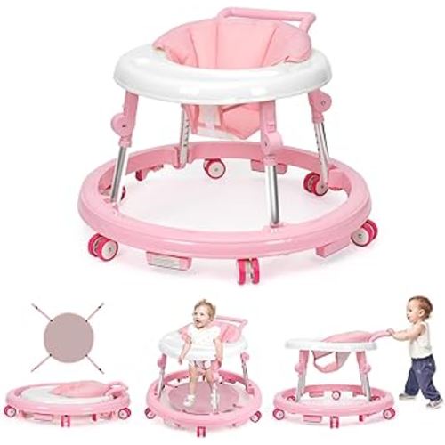 Baby Walker Foldable with 9 Adjustable Heights, Baby Walker with Wheels Portable, Infant Toddler Walker for Baby Boy Girls 6-18 Months (Pink)