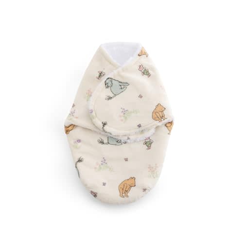 Berkshire Classic Winnie Baby Swaddle Sack, 13.5 in x 20 in | SpaLoft Plush Sleep Sack with Classic Winnie Print, Snug Swaddle for Newborns 0-3 months, Cream