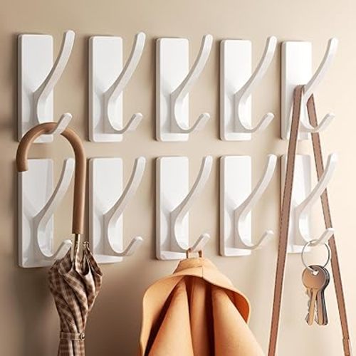 Self Adhesive Coat Hooks for Hanging, Heavy Duty Stainless Double Wall Hook for Towel, Backpack, Hat, Sturdy Metal Hanger for Bathroom, Bedroom, Door, Wall Mounted, 10 Pack, White