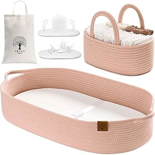 J&JOO Baby Changing Basket includes Diaper Caddy - Soft & Waterproof Dual-Cover, Portable, Changing Pad for Dresser & Changing Table, Gift for Baby Shower, Organic Cotton Rope