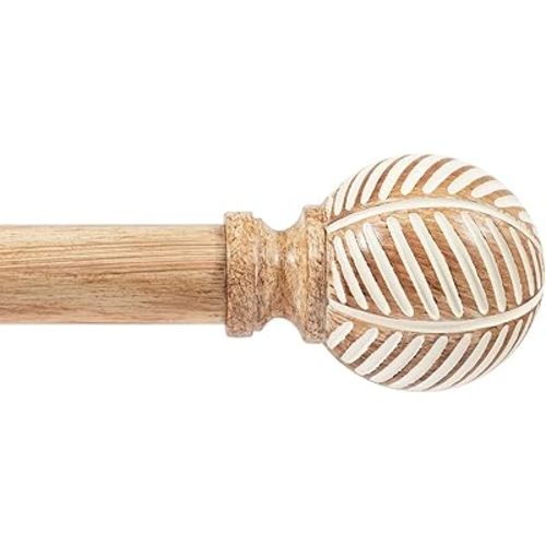 Zeerobee Wood Curtain Rods for Windows 32 to 48, 1 Inch Heavy Duty Drapery Rods with Imitation Wood Grain Leaf Pattern Finials, Indoor/Outdoor Modern Curtain Pole, 32"-48", Brown