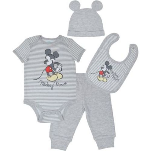 Disney Mickey Mouse Newborn Baby Boys 4 Piece Outfit Set: Bodysuit Pants Bib Hat White/gray 0-3 Months