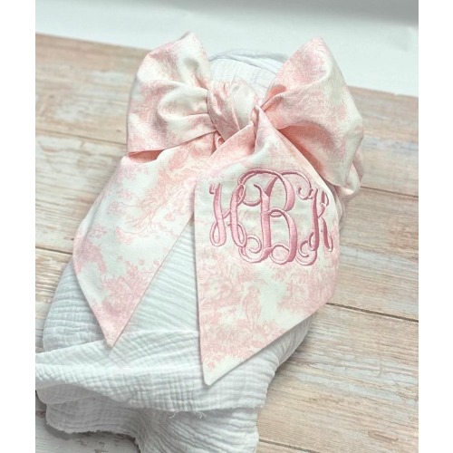Monogrammed Baby Bow for swaddle, Swaddle blanket bow, large baby bow, monogram bow, baby shower gift, bow wrap, baby sash, pink toile bow