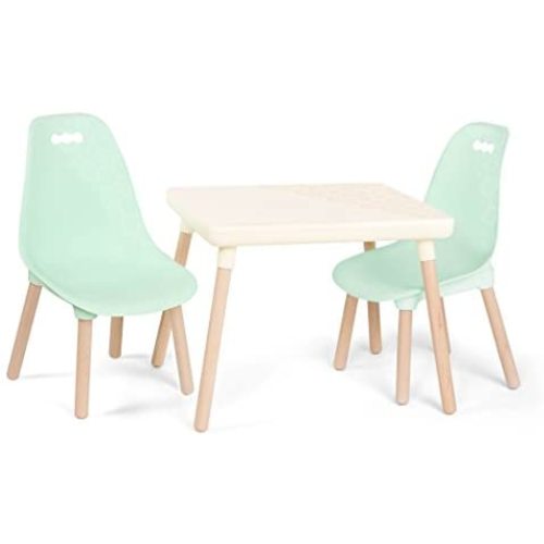 B. spaces by Battat – Kids Furniture Set – 1 Craft Table & 2 Kids Chairs with Natural Wooden Legs (Ivory and Mint)
