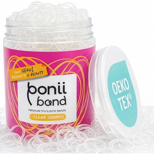 [Made in Korea] PONIIBAND Non-Toxic & Safe 2000pcs 0.8-Inch Clear Elastic Hair Bands - Ouchless Mini Small Rubber Bands for Kids Girls Hair Ties, Oeko-Tex Certified, Snag Free, TPU Ponytail Holders