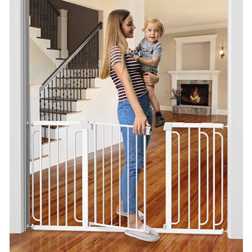 Cumbor 29.7-57" Baby Gate for Stairs, Extra Wide Dog Gate for Doorways, Pressure Mounted Walk Through Safety Child Gate for Kids Toddler, Adjustable Tall Pet Puppy Fence Gate, White