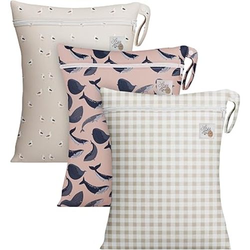 LA PETITE OURSE Wet Dry Bags with Zipper Closure and Hanging Strip, Washable, Reusable, Baby Cloth Diapers- Pack of 3 (Rustique)