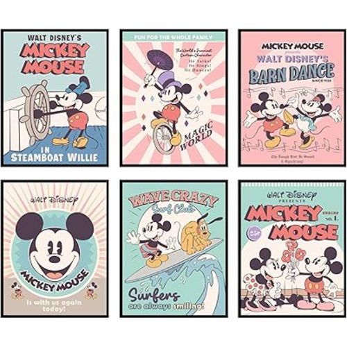 BigWig Prints Mickey Mouse Art - Wall Decor, Mickey Mouse Room Decor For Kids, Classic Movie Artwork, Nursery Wall Art, Vintage Collection - Unframed Set of 6 (8x10)