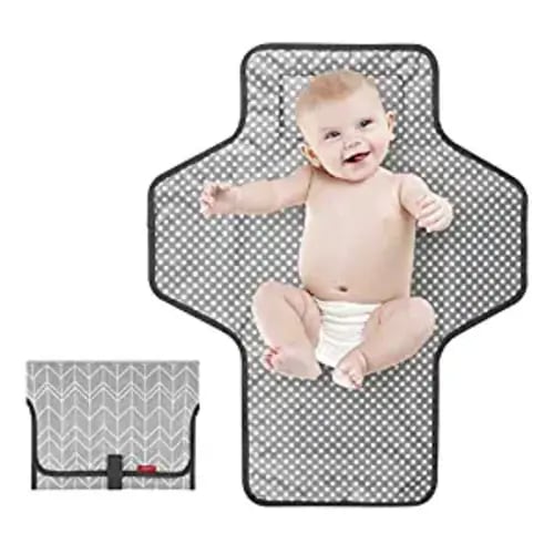 Portable Changing Pad for Baby|Travel Baby Changing Pads for Moms, Dads|Waterproof Portable Changing Mat with Built-in Pillow|Excellent Baby Shower/Registry Gifts - Grey Wave Print