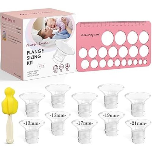 Flange Sizing Kit 3 in 1 with 10PCS Flange Inserts 13/15/17/19/21mm, Nipple Ruler, Cleaning Brush, Silicone Flanges Insert Kit for Electric Breast Pumps, Pumping Breastfeeding Essentials