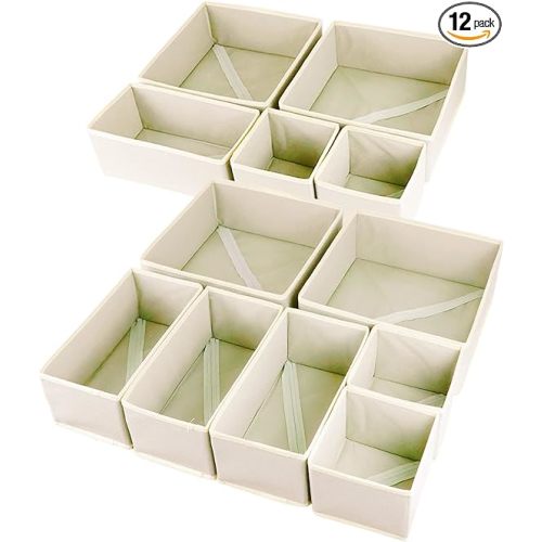 12 Pack Drawer Organizers, Drawer Dividers Storage Bins, Foldable Drawer Organizers for Clothing, Cloth Clothes Drawer Organizer for Underwear,Folded Clothes,Baby Clothing,Socks,Bra,Towels,Ties - Beige
