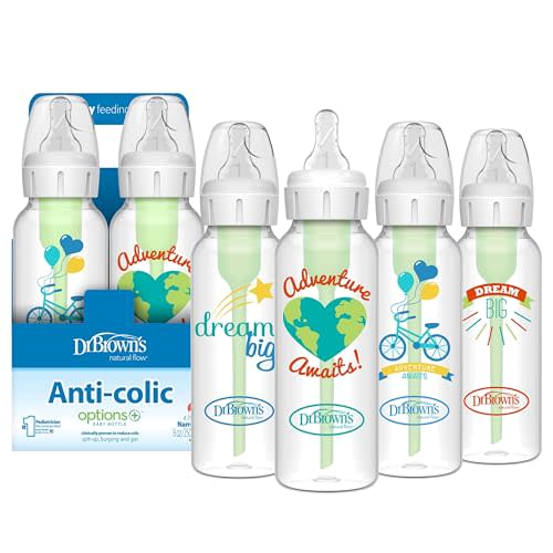 Dr. Brown's Natural Flow Anti-Colic Options+ Narrow Baby Bottle, Dream Adventure, 8 oz/250 mL, with Level 1 Slow Flow Nipples, 0m+, 4 Pack