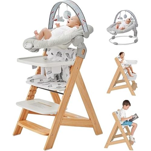 Wooden High Chair with Baby Bouncer - Convertible Baby Highchair with Tray - Adjustable High Chair for Babies/Toddlers/6 Months - Water Resistant Natural Wood Yellow