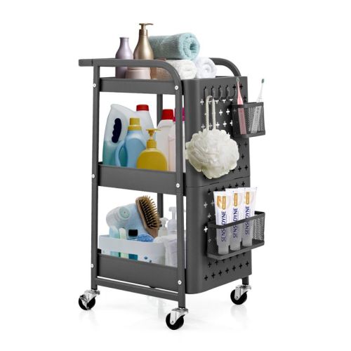 Costway 3-Tier Rolling Cart Storage Trolley Organizer w/ DIY Dual Pegboards, Mobile Metal Utility Cart on Wheels Serving Cart for Kitchen Office Grey