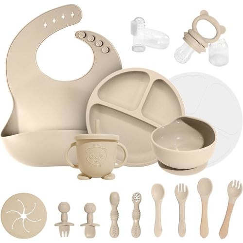 Baby Led Weaning Supplies, 17 Piece BPA-Free Silicone Feeding Set, Eating Essentials Baby Utensils with Suction Plate and Bowl, Pocket Bib, Sippy Cup with Lid, for 6+ Months, Beige