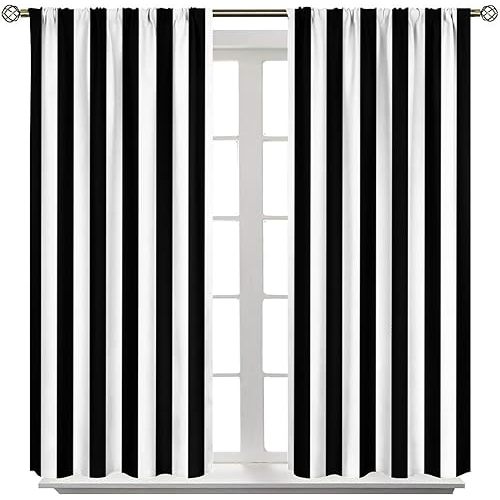 Stripe Curtains for Kitchen Decor, Vertical Black and White Stripe Full Pattern Print Window Treatments, Rod Pocket Thermal Insulation Drapes for Bedroom Living Room, 52" W X 84" L