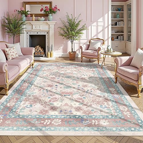 Deerly Pink Floral Area Rugs 5x7 Boho Washable Non-Slip Living Room Carpet Soft Low Pile Vintage Thin Bedroom Floor Mat Indoor for Playroom Nursery Kids Girls Room Farmhouse, Light Pink/Blue/Multi