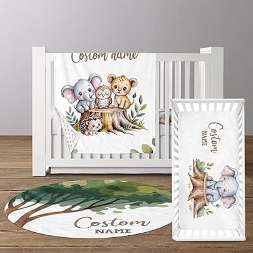 Personalized Baby Crib Bedding Set, Custom Name Baby Nursery Bedding 3 Pcs Set - Minky Dot Blanket, Fitted Crib Sheet, Room Rug, Elephant Tiger Theme Nursery Décor for Newborns Boys Girls Gifts