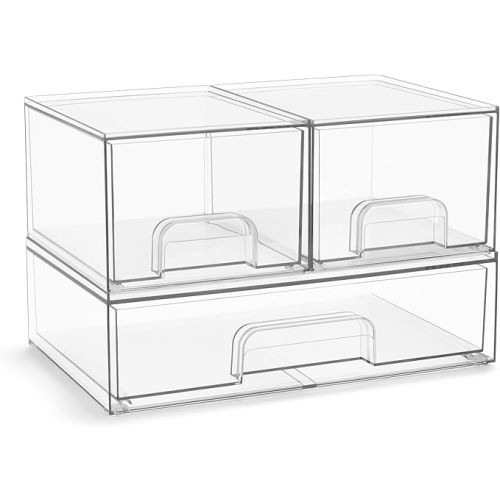 Sorbus Acrylic Storage Containers - 3 Pack, Stackable Storage Bins Set for Bathroom Organization - Clear Acrylic Drawer Organizers - Makeup Case Pull-Out Drawers (4.4’’ Tall and 12.1’’ Wide)