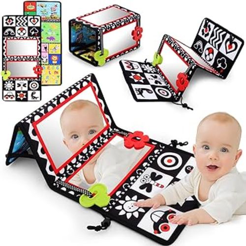Tummy Time Floor Mirror with Teethers, Double-Sided Baby Mirror Black and White High Contrast Baby Toys for Babies, Baby Montessori Toys Crawling Developmental Newborn Infant Sensory Toys (A-Mirror)