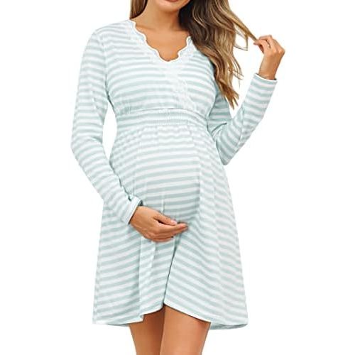 MISSKY Women's Maternity Long Sleeve Sleep Dress 3 in 1 Delivery/Labor/Nursing Nightgown Sleepwear for Breastfeeding