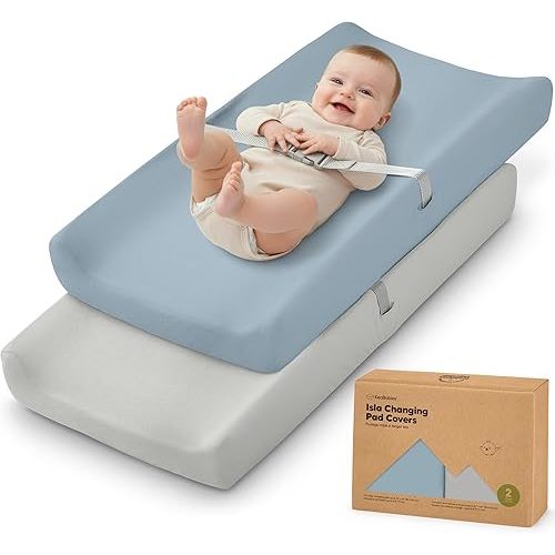 2-Pack Baby Changing Pad Cover for Girl, Boy - 32x16 Soft Viscose Derived from Bamboo Baby Diaper Changing Table Pad Cover Sheets, Neutral, Snug Fit Nursery Diaper Change Sheets (Steel)