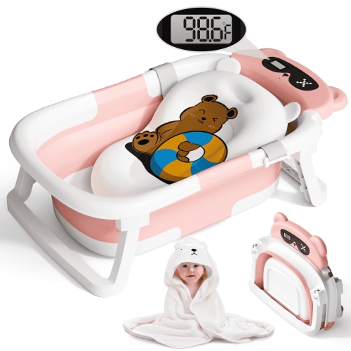 COOSEYA Bear Collapsible Baby Bathtub for Infants, Bath Tub with Cushion and Thermometer, for Newborn to Toddler Portable Travel Multifunctional Bathing 0-2 years (Pink)