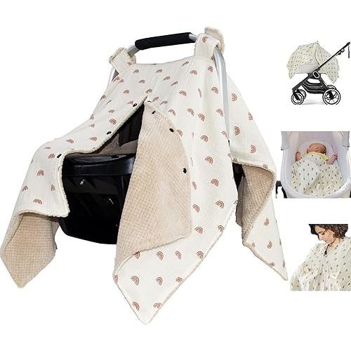 Muslin Cotton Baby car seat Canopy Cover with Flannel for Winter,Multi-Use Mom Nursing Breastfeeding Cover,Flannel Blanket for Infant,Rainbow