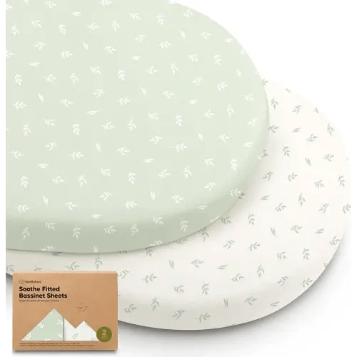 2-Pack Organic Bassinet Sheets for Girls, Boys - 100% Cotton Bassinet Mattress Sheets Compatible with Halo Bassinest Swivel Sleeper, Graco, Baby Delight, Chicco, Unisex Fitted Bassinet Sheets (Herb)