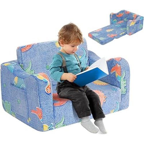 Kidirect Toddler Couch Fold Out, K2 2-in-1 Toddler Sofa, Convertible Kids Couch to Lounger, Comfy Kids Sofa Chair with 2 Pockets, Thicken Arms, Anti Slip Bottom, Gift for Boys and Girls, Blue Dinosaur