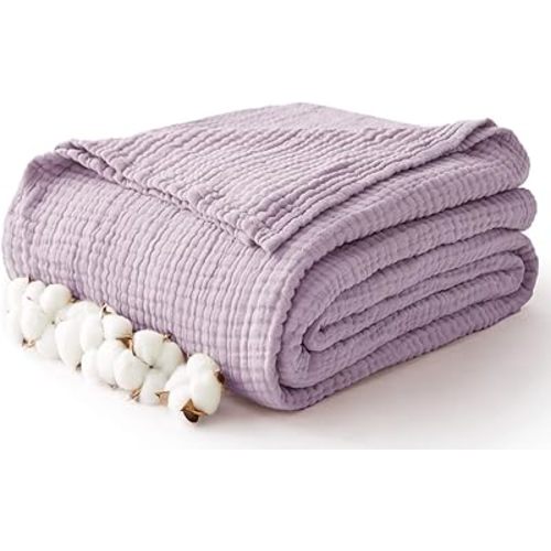 100% Cotton Muslin Blanket Twin XL 66" x 90", Breathable and Cooling Bed Blankets, Soft Boho Coverlet Bedspread, Gauze Bedding for Adults All Season, Purple, Lavender
