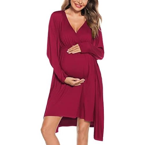 SWOMOG Women Maternity Nursing Gown and Robe Set - Wine Red