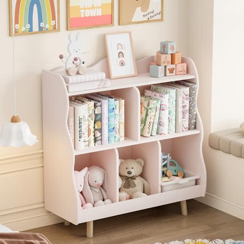 Treocho Kids Bookshelf and Toy Storage Orangizer, 3-Tier Wooden Children's Bookcase with Curve Design, 5 Cubbies Toy Storage Cabinet Display with Legs for Children's Room, Playroom, School, Pink