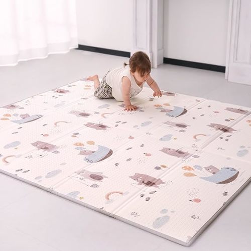 Baby Play Mat 71x79 Inch, 2 in 1 Fabric & XPE Dual-Sided Design Foldable Play Mats for Babies and Toddlers, Waterproof & Anti-Slip Baby Mat for Floor, Portable Baby Foam Crawling Mat with Travel Bag