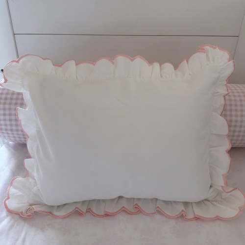 Liz and Roo White Baby Pillow with Petal Pink Scallop Trim