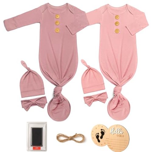 2Pk Newborn Baby Knotted Gowns, Soft Sleeper Coming Home Outfit with Hello World Announcement Sign & Ink Pad for Baby Birth