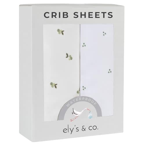 Ely's & Co. Patent Pending Waterproof Crib Sheets, 100% Cotton with Waterproof Lining - Built in Crib Mattress Protector, 2 Pack Fitted Toddler Sheet Set, Berry and Cluster Dot (Sage) 28” x 52”