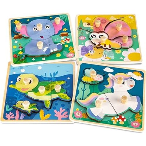Wooden Toddler Puzzles - 4 Pcs Eco-Friendly Animal Patterns Jigsaw With Handles - Infant Kid Fine Motor Skill Learning Educational Montessori Toys for 1-3 Years Old