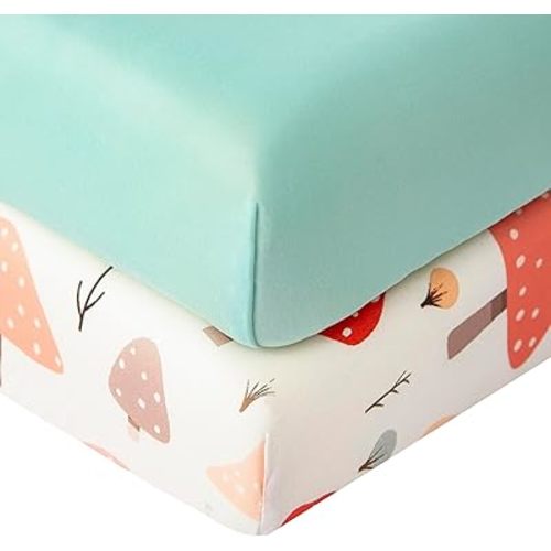 SDIII 2 Pack Mushroom Crib Sheets for Boys Girls, Elastic Microfiber Jersey Knit Green Baby Crib Sheet for Standard Crib and Toddler Mattress 52×28×8