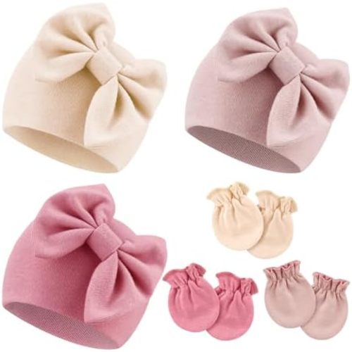 Newborn Baby Hats and Mittens Set Infant Bow Beanie Cap Toddler Gloves Newborn Hospital Hats for Baby Boy Girl Kid 0-6 Months